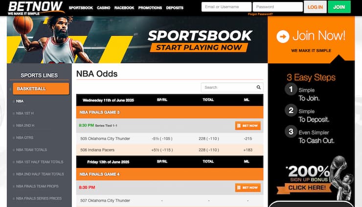 A snapshot of BetNow, one of our top rated cricket betting sites.